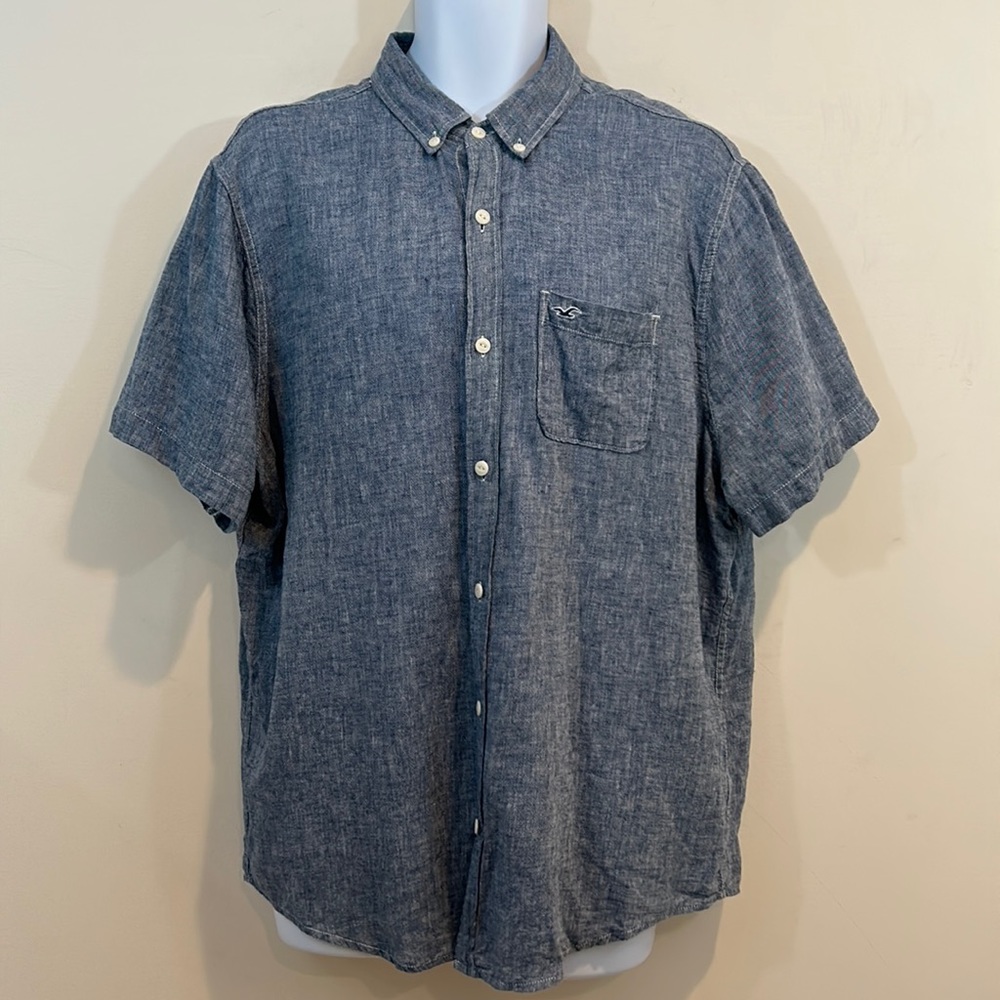 Hollister Blue Linen Shirt Sleeve Button Up Shirt  Size XL